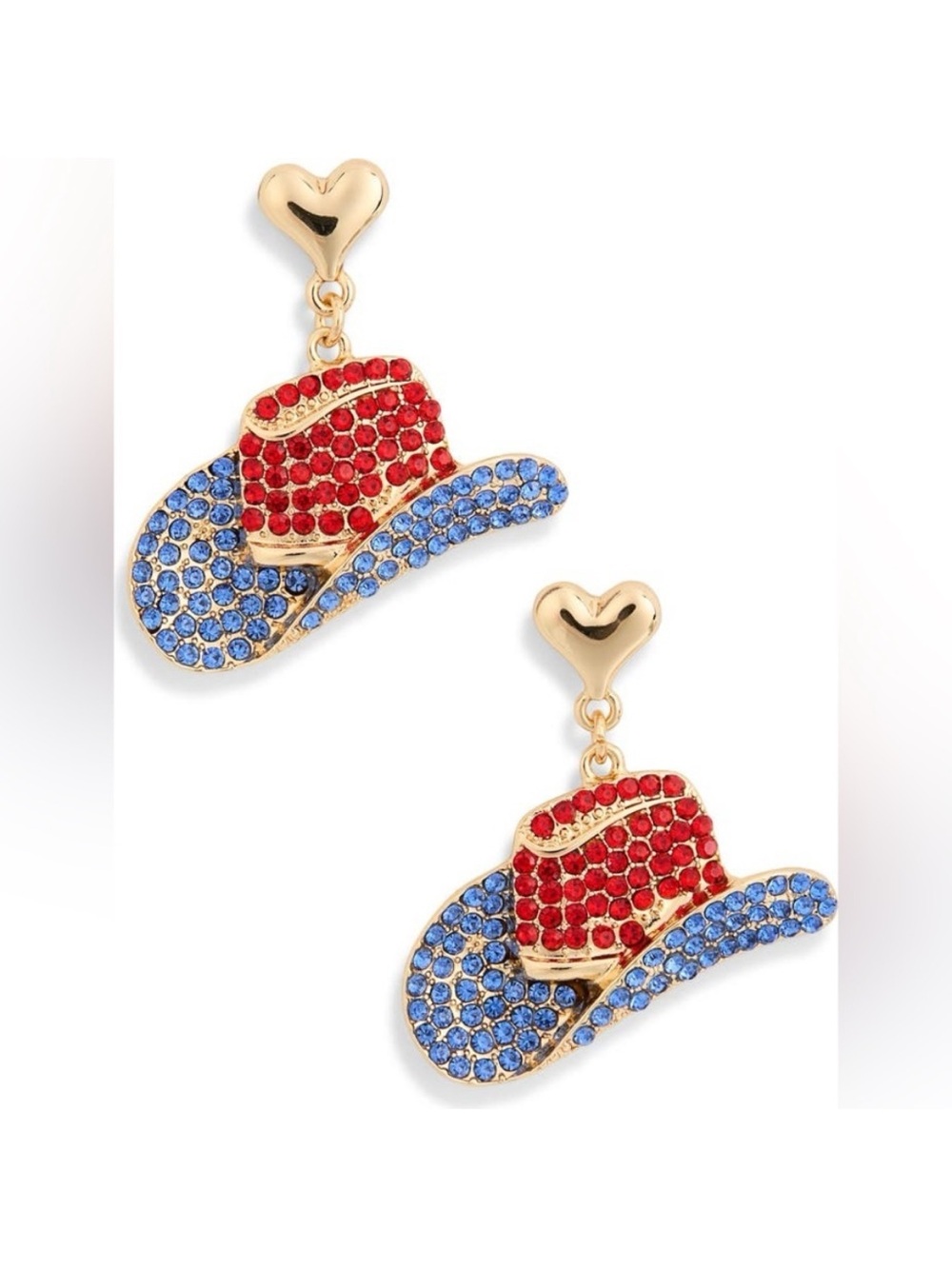 Leith Gold Cowboy Hat Dangle Earrings with Red and Blue Rhinestones NWT